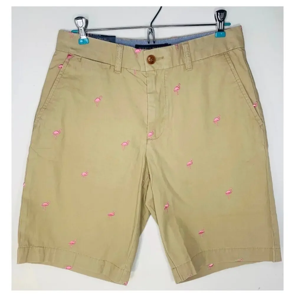 TOMMY HILFIGER Pink Flamingo Embroider Khaki Shorts Men 29 9.5